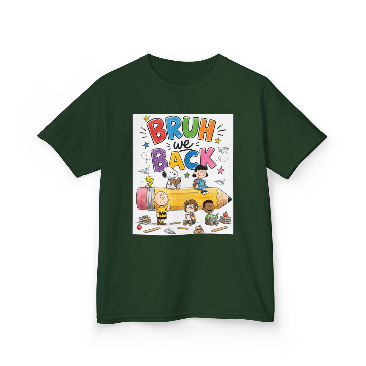 Kids "Bruh We Back" Cartoon Pencil School Tee