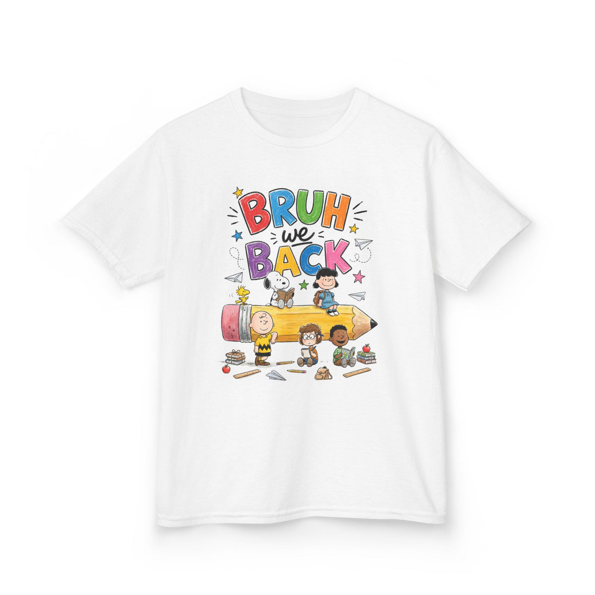 Kids "Bruh We Back" Cartoon Pencil School Tee