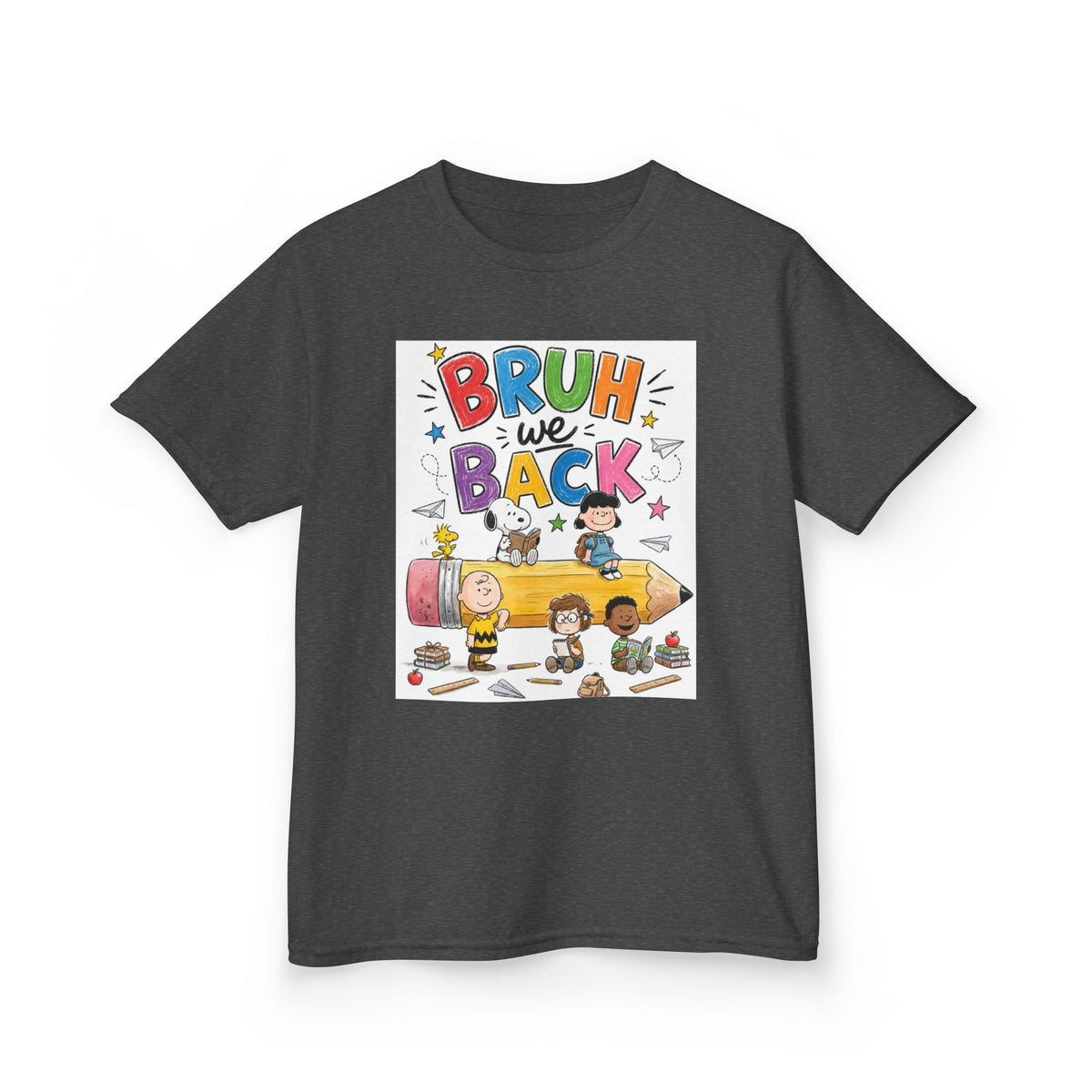 Kids "Bruh We Back" Cartoon Pencil School Tee