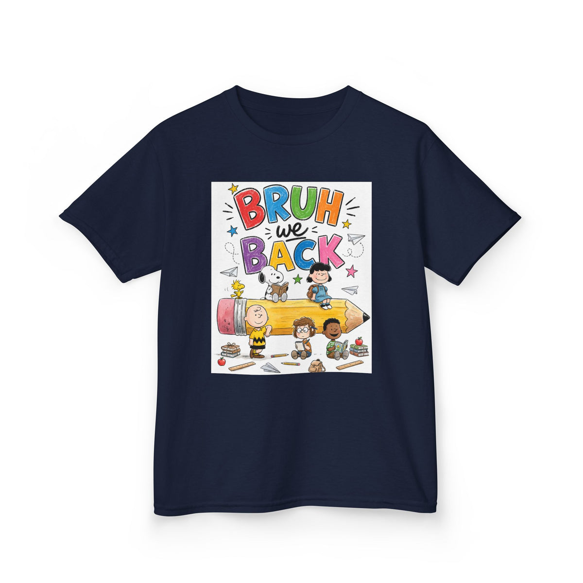 Kids "Bruh We Back" Cartoon Pencil School Tee