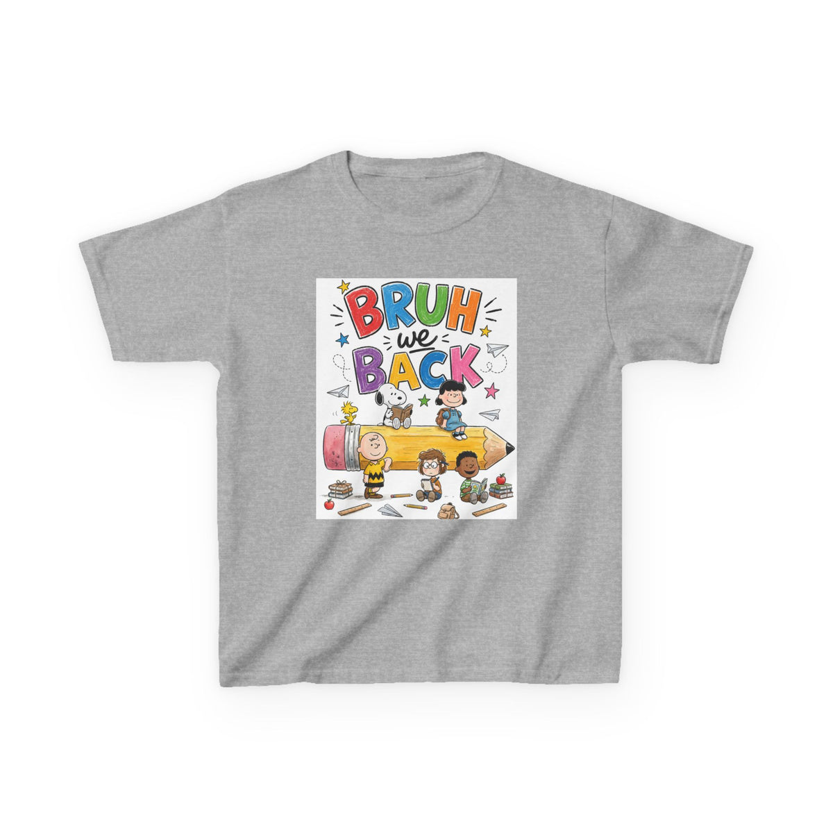 Kids "Bruh We Back" Cartoon Pencil School Tee