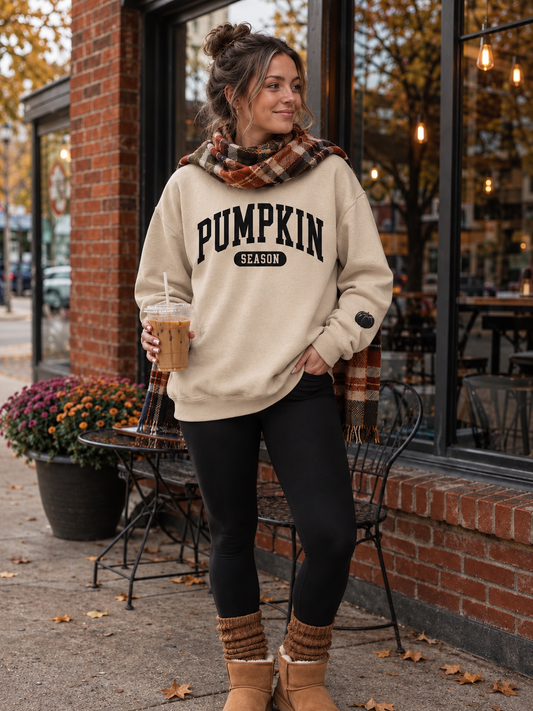 Pumpkin Season Crewneck Sweatshirt | Cozy Fall Graphic Sweatshirt with Sleeve Pumpkin