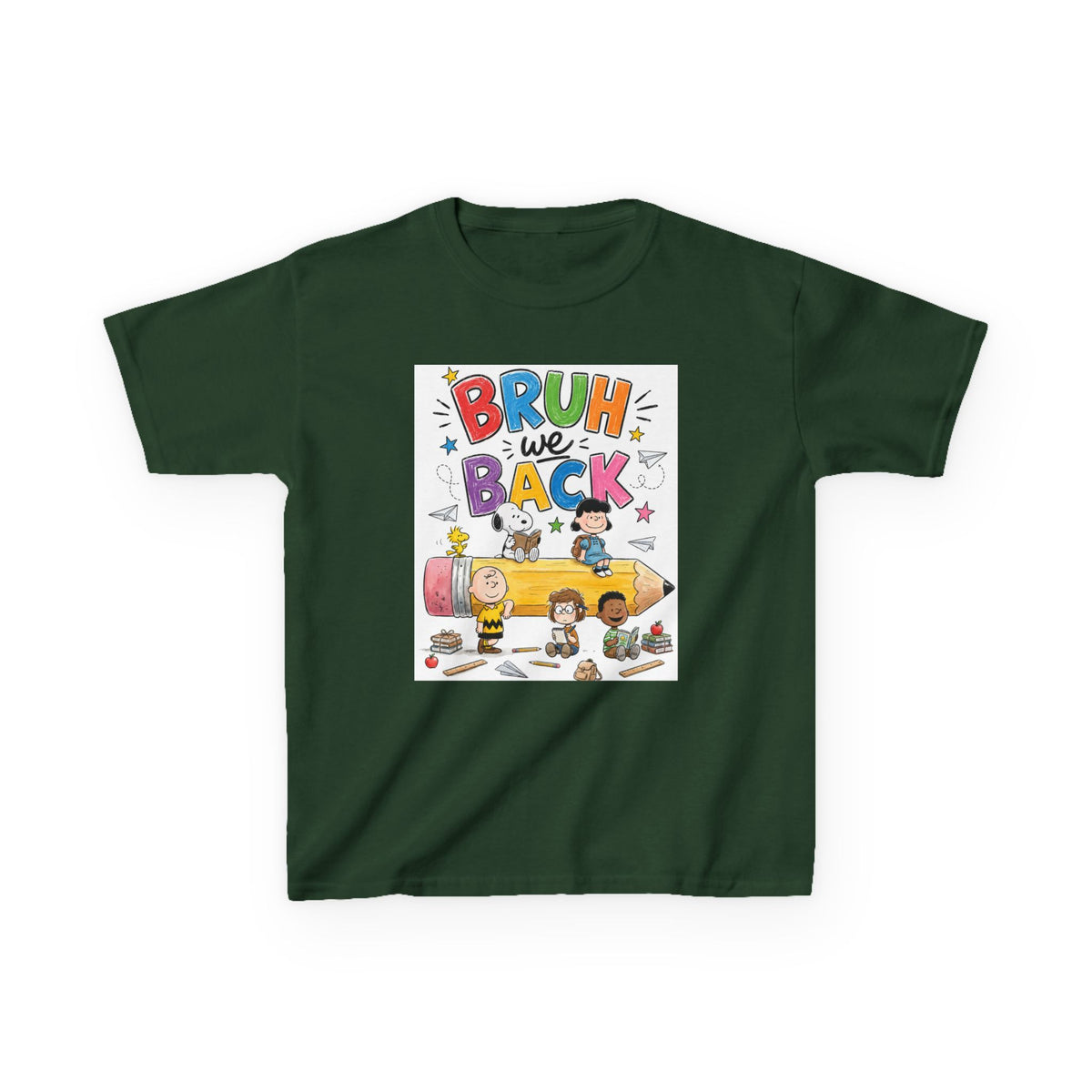 Kids "Bruh We Back" Cartoon Pencil School Tee