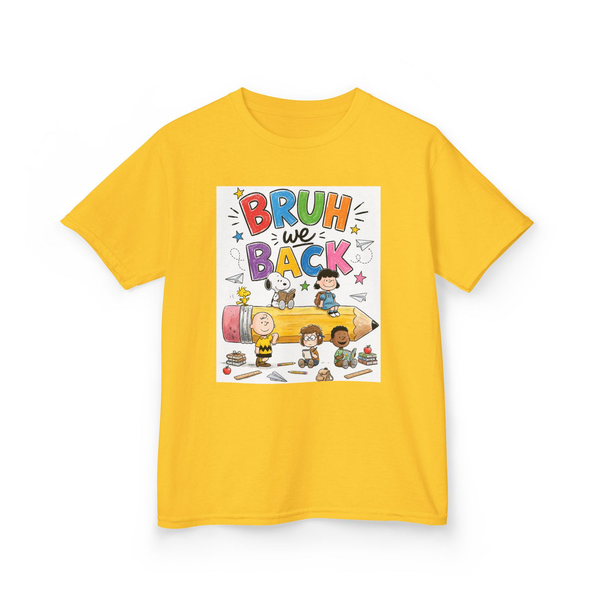 Kids "Bruh We Back" Cartoon Pencil School Tee