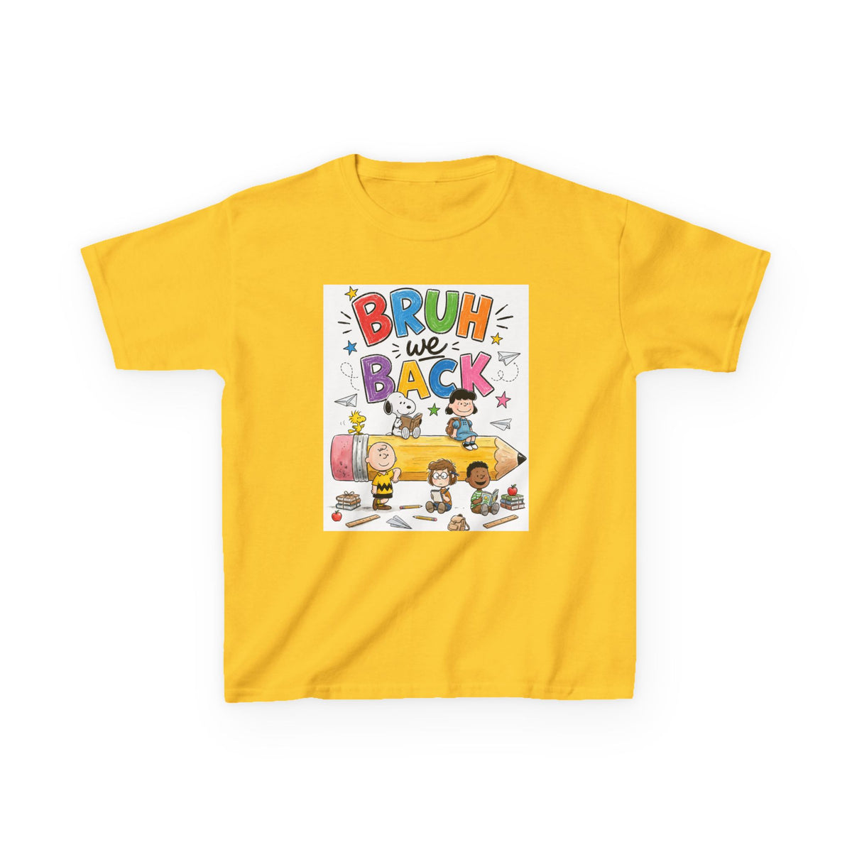 Kids "Bruh We Back" Cartoon Pencil School Tee