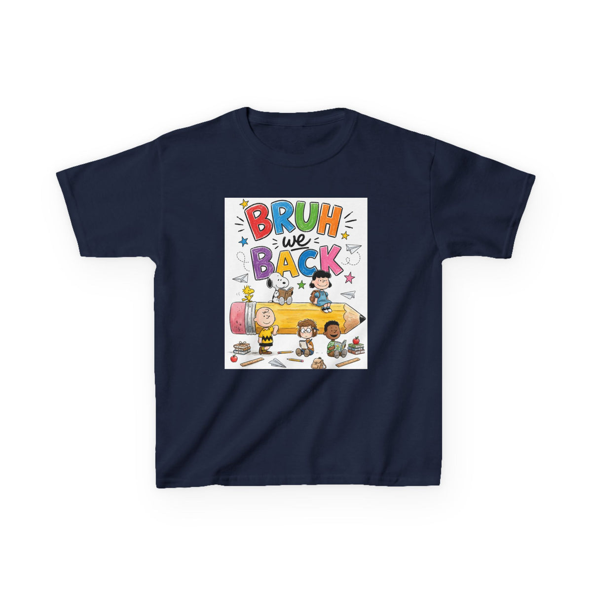 Kids "Bruh We Back" Cartoon Pencil School Tee